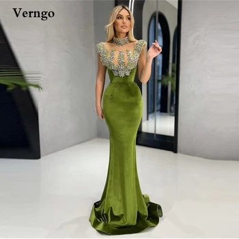Verngo 2022 Nove Blijedo-zeleni baršun haljine za maturalne s sirena od kristala zrna sa visokim горловиной, aplikacija, dugim rukavima, Дубайские ženske haljine za maturalnu večer