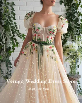 Verngo Vila Linija grašak Tila Večernja haljina Duga haljina za prom s kratkim zelenim rukavima Cvijeće Crystal Večernjim večernja haljina