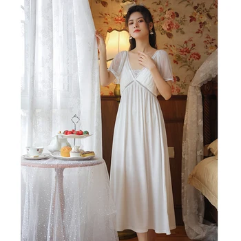 Victorian pamuk noći haljina za žene Vila Bijele čipke mrežica za rukav Пеньюар Duge haljine Princeza Pidžama Vintage Romantična spavaćica