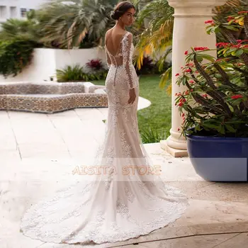 Vjenčanje haljine Sirena boje šampanjca 2021 Elegantne čipka aplicirano sa dugim rukavima s otvorenim leđima i V-izrez, vjenčanice s vlakom za žene