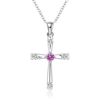 Vrući Božićni poklon trendy ženske posrebreni nakit Fin ljubičasti kristal, cirkon križ privjesak ogrlica N656