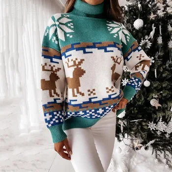 Vrući Božićni ženski džemper Djed Mraz Božićno ispis Водолазка dugi rukav Pletene pulover džemper Top zimska odjeća za žene