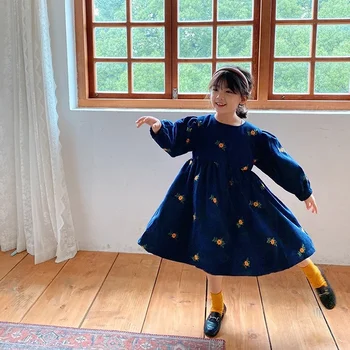 WLG Dječje jesen odjeća za djevojčice Tamno plava Cvjetni uzorak Samt haljine s ruffles za mlade djevojke je Casual odjeća