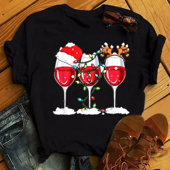 WVIOCE Slatka Čaša za vino Božićno šešir Ženske modne majice s božićnim po cijeloj površini Crne majice s kratkim rukavima Ženske majice 32657