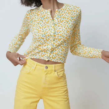 Xitimeao ZA Ženska moda Cvjetni print pletene kardigan Vintage Džemper dugih rukava Tanka košulja s kratkim dnom XITIMEAO