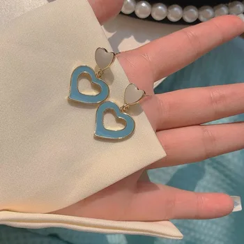YAOLOGE 2021 Nove Naušnice-kapi sa plavim emajlom u obliku srca Modni dodaci za uši od legure za žene i djevojčice Fancy večernji nakit Poklon Brincos