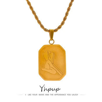 Yhpup French Abstract Pendant Necklace Statement Stainless Steel Gold Chain Collar Necklace for Women lanac na vrat ženska