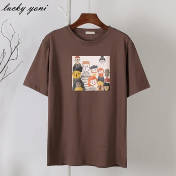 Yoni Svakodnevni free t-shirt Ženska korejski majica okruglog izreza i crtani po cijeloj površini Ženske jednostavne univerzalne crne majice kratkih rukava Ženske