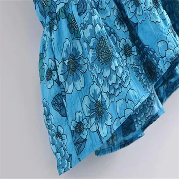ZA 2021 Винтажное ljetna haljina s cvjetnim ispis za žene s okruglog izreza i otvorenim leđima, haljine na zakopčane, Plavi valoviti rub, donje haljina