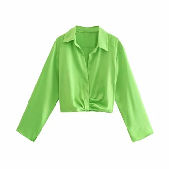 Za Za žene 2021 Nova moda zelene nabrane ukras kratke Vintage bluze dugih rukava lapels Ženske košulje Blusas Šik vrhovima