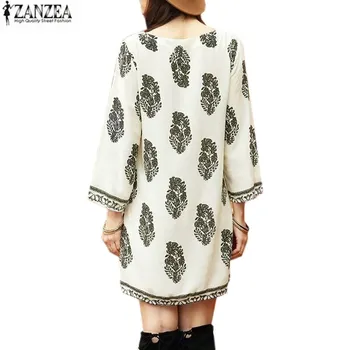ZANZEA Etničko Klasicni Donje ljetna haljina čipka-up s V-izrez i četke s cvjetnim uzorkom 3/4 rukavima, mini-haljina za zabave 2021