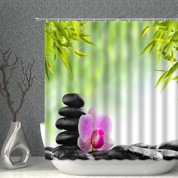 Zavjese za tuširanje od kamena Zen Zelena biljka Cvijet Bambusa Vodeni krajolik Zavjese za kupaonicu od poliesterske tkanine, Dekorativne kuke Dekor za kadu