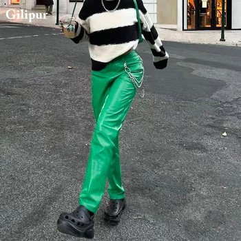 Zelene Hlače od umjetne kože Ženske 2021 Nove Ravne hlače Modni crne široke hlače Harajuku Svakodnevne Elegantne hlače s visokim strukom