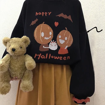 Zimski Casual japanski Prekrasan Lijeni džemper za djevojaka velike veličine na Halloween, Slatka bundeva uzorak, rukav-lanterna, Free ženski pulover