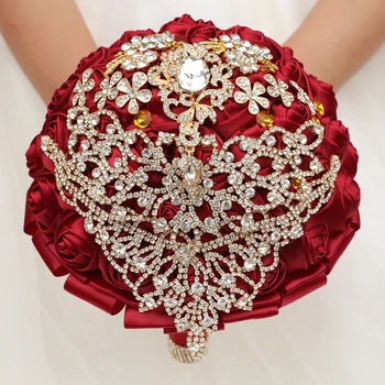 Zlatni Dijamant Tamnocrvena Vjenčanja Vjenčani Buket Dijamant Umjetna Traka Ruža Prilagođene Vjenčanje Pribor za Ručni Rad W630D