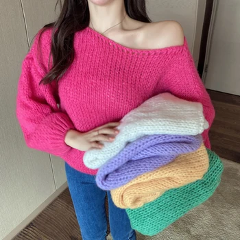 Zoki Debeli ženski džemper Besplatno Slatka jesen pletene kardigan velike veličine Seksi s otvorenim ramenima Slatki Ženski Džemper Dugih Rukava Majice 2021