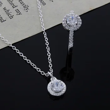 čvrsta slatka darove ljubitelj nakit srebrne boje modni plemenite ženske klasične sjajni kristali CZ ogrlica i prsten komplet nakita CS06
