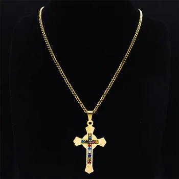 Šareni Crystal Križ Od Nehrđajućeg Čelika Katolicizam Privjesci Ogrlica Žene Zlatne Boje Ogrlice Nakit ogrlice mujer N4922S05