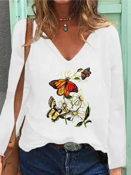 Ženska casual košulja s dugim rukavima, ženska moda, pulover s po cijeloj površini leptir, košulje, majice, V-oblika dekoltea, Free t-shirt velike veličine XS-5XL