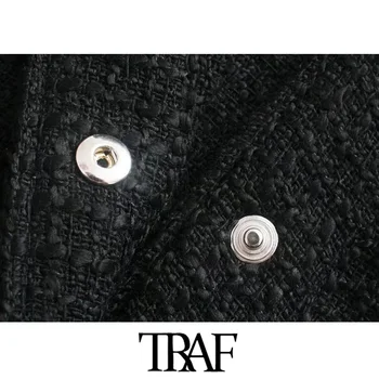 Ženska moda TRAF s džepovima Твидовая slobodna jakna Vintage Kaput s dugim rukavima na gumbima Ženska gornja odjeća Moderan gornja košulja
