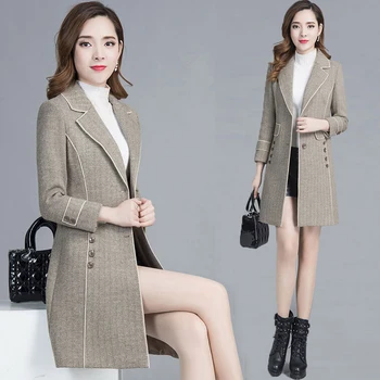 Ženska moda Vune kaput riblja kost Korejski debelo duge vune kaput Jesen zima Sivi kaput kaki Plus size Kaput 4XL