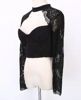Ženska odjeća Ljetni stil je elegantan crne čipke pletene kuka skraćeno top za djevojčice dugi rukav, Crna bluza Ženska seksualna выдалбливают majice majice