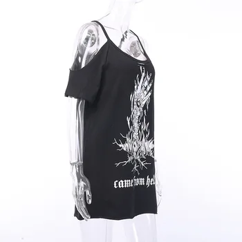 Ženska t-shirt Black ulica odjeća Punk-gotički Vrhovima Tees 2021 Gotička Boem Pismo po cijeloj površini Lubanje Majica Plus Veličina s otvorenim ramenima