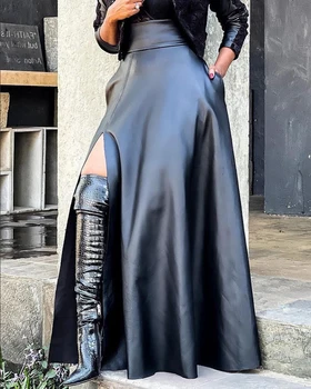 Ženska uobičajena umjetne kože s visokim prorezom Maxi suknja 2021 Femme Seksi облегающая suknja s visokim strukom Ured za ženska odjeća Olovka Crna suknja