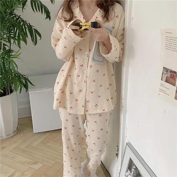 ženska пижама pamuk-krep пижама komplet za dupli sloj gaze jesen zima višnje print kućna odjeća komplet od dva dijela bluze L631