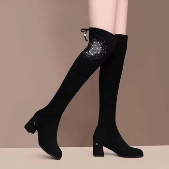 Ženske elastične cipele na visoku petu 5 cm Svakodnevne ženske čizme s okruglim vrhom na debelom petu Parhet crnci seksi čizme iznad koljena Plus size