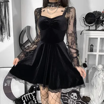 Ženske gotički haljine Лолиты Crnci Vintage haljina čipka-up dugi rukav Punk-gotički haljine Cosplay Večernje gradacija baršun haljine