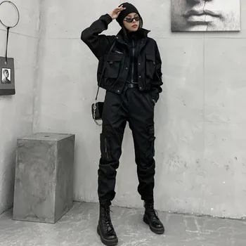 Ženske hlače-teretni 2021 ženske sportske hlače Modni punk-džepovi Hlače za trčanje Crne tanke gumice Harajuku s visokim strukom Ulica odjeća XC465