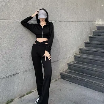 Ženske hlače za jesen koreanska verzija slobodnih hlače s visokim strukom i širokim штанинами crni križ šuplje svakodnevne zamotan modni tanke ženske hlače