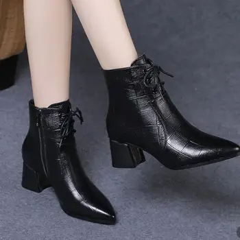 Ženske kožne kratke čizme FHANCHU,Novi pad cipele 2021 s oštrim vrhom,Čizme,Debela peta,Patentni zatvarač,CRNA,Smeđa,Дропшиппинг