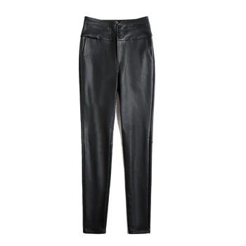 Ženske kvalitetne kožne hlače Jesen Zima Marke elastične Hlače od janjeće kože, OL Crne hlače-olovka s visokim strukom Kožne hlače