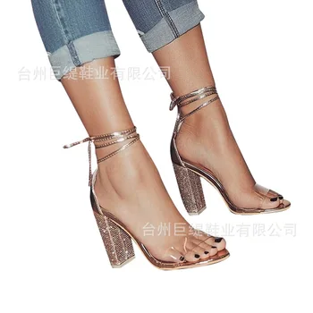 ženske sandale od umjetne kože čipka-up na debelom visoku petu s okruglim vrhom vodootporne male rhinestones sandale mujer 2020 ženske cipele veličine 35-42