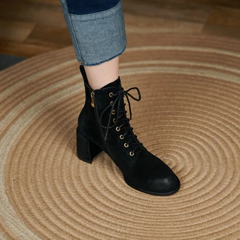 Ženske čizme GUIDIBASIC na visoku petu cipele od prave kože 2021 Jesenje cipele Martin s okruglim vrhom čipka-up na prosjeku petu na debelim potpeticama