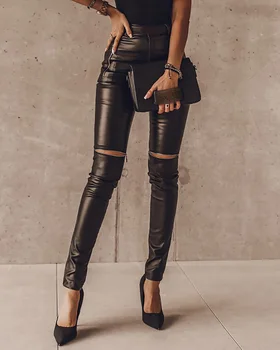Ženski nove čvrste hlače s visokim strukom od umjetne kože na munje, dizajnerske hlače proljeće i jesen mode, tanke šuplje kožne hlače 2021
