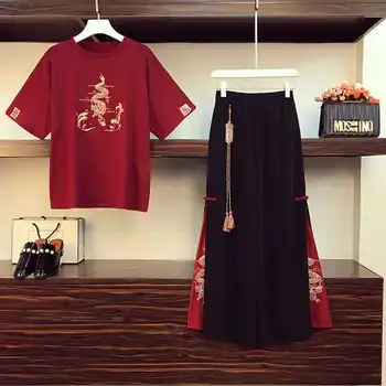 Негабаритный ženski kostim Hanfu 2021, Godina Novi ženski Kostim u kineskom Stilu, S Tankim Širokim Hlačama I Tradicionalnim Vezenim Topom