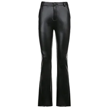 Нормов Gotički hlače-teretni Ženska moda Džepove s visokim strukom Hlače od umjetne kože Seksi crne ravne hlače spaljene Svakodnevne hlače