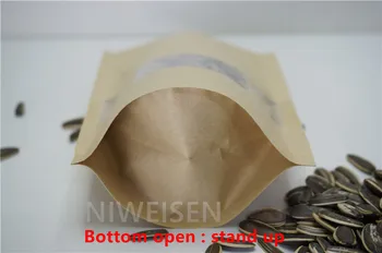 100 kom./lot Smeđe stand-up torbe na munje s prozirnim prozorom, Medija Kraft-papir paket 10X15+3 cm, Самоуплотняющаяся pakiranje