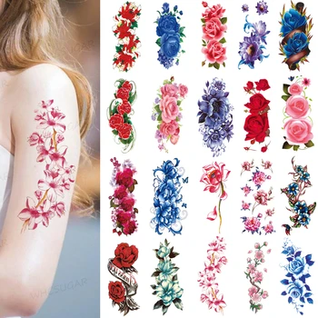 100pc Akvarel Ruža Lotos Cvijet Šljive Cvijet Vodootporan Privremeni Tattoo Naljepnice Body Art Ruka Fišbajn Noga Lažne Tetovaže