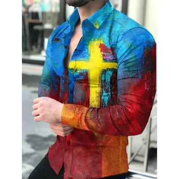 2021 Jesen Muška moda Majice s odbačenost ovratnik Košulja na zakopčane Muške Casual 3D Print Majice s dugim rukavima Uličnu odjeću S-3XL
