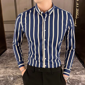 2021 nova korejska muška košulja funky business casual prugasta košulja s dugim rukavima visokokvalitetna branded tanka хлопковая noćna košulja