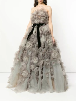 Bez naramenica Sivu loptu haljina od tila Haljina čipka-up ručne izrade 3D Haljina sa cvijećem Raskošnom haljina od tila Elegantna vjenčanica je Prekrasna vjenčanica