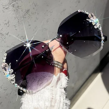 Brend Dizajner Luksuzne Sunčane Naočale Žena Gorski Kristal Rimless Trendy Sunčane Naočale Gradijent Transparentno Ogledalo Oculos De Sol Feminino