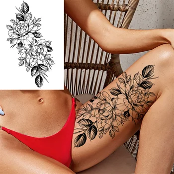 Cvijet Privremene Tetovaže Za Žene Odrasle Djevojčice Ruža Geometrija Tetovaže Naljepnica Lažni Mesec Božur Je Veliki Crne Cvjetni Tetovaže Isporuke