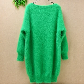 Dame žene srednje dužine Zelena mink kašmir s okruglog izreza slobodan pahuljasto krzno ангорского zec slobodan pulover pleten haljinu-džemper