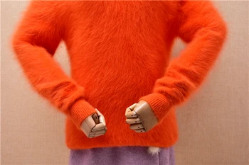Dame ženska moda narančasta hairy kašmir od mink pletene montažni rez rez na vratu s otvorenim ramenima rukave tanke košulje pulover kardigan džemper top