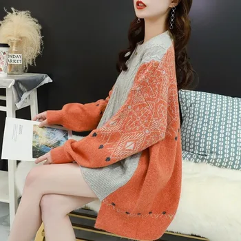 Debeli ženski džemper u Patchwork stilu s okruglog izreza Džemper dugih rukava pletene Top Casual сплайсированный pulover Kardigan 2021 Zima Korejski stil